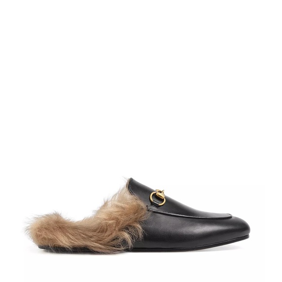 Gucci Leather Calfskin Fur Lined Princetown Horsebit Mules - Black w/ Tan Fur - Picture 3 of 4